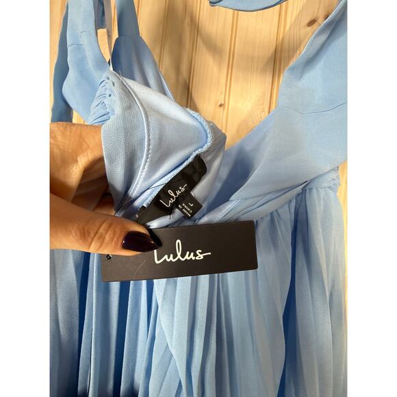 NWT Lulus Celebratory Allure Powder Blue Pleated Backless Maxi Dress Wedding L - Picture 8 of 9